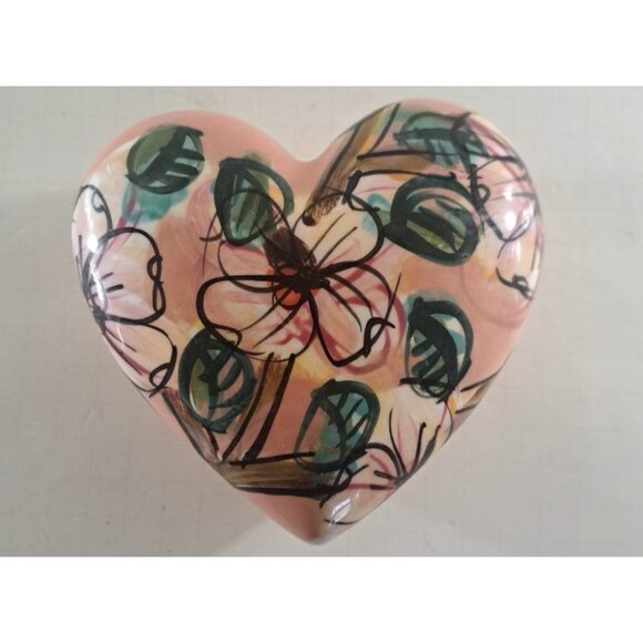 Kelly Jo Pottery Heart Shaped Box Floral Cactus Pink Green Southwestern 5.5x5 - Picture 2 of 5